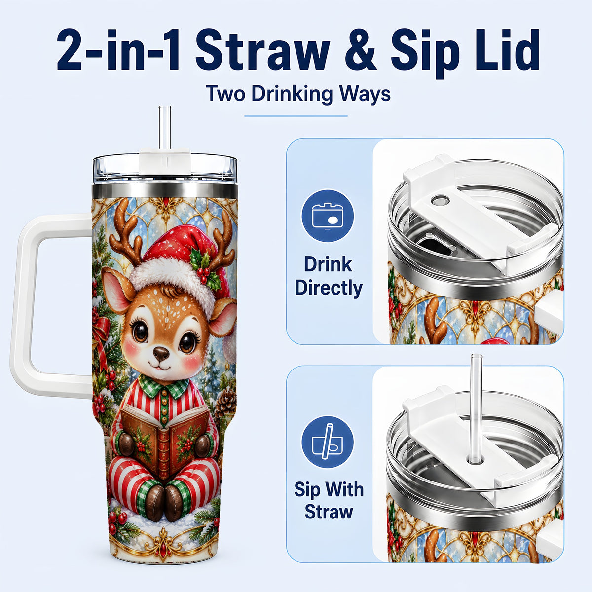 #pl[40oz|White] Ornate Reindeer 40oz Tumbler with Handle, Reading Travel Cup