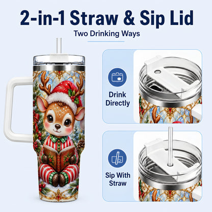 #pl[40oz|White] Ornate Reindeer 40oz Tumbler with Handle, Reading Travel Cup
