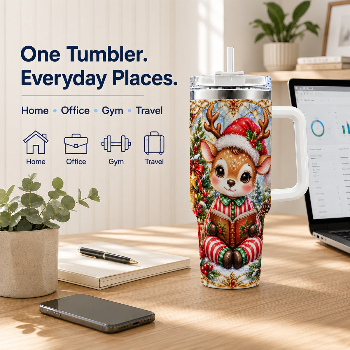 Ornate Reindeer 40oz Tumbler with Handle, Reading Travel Cup