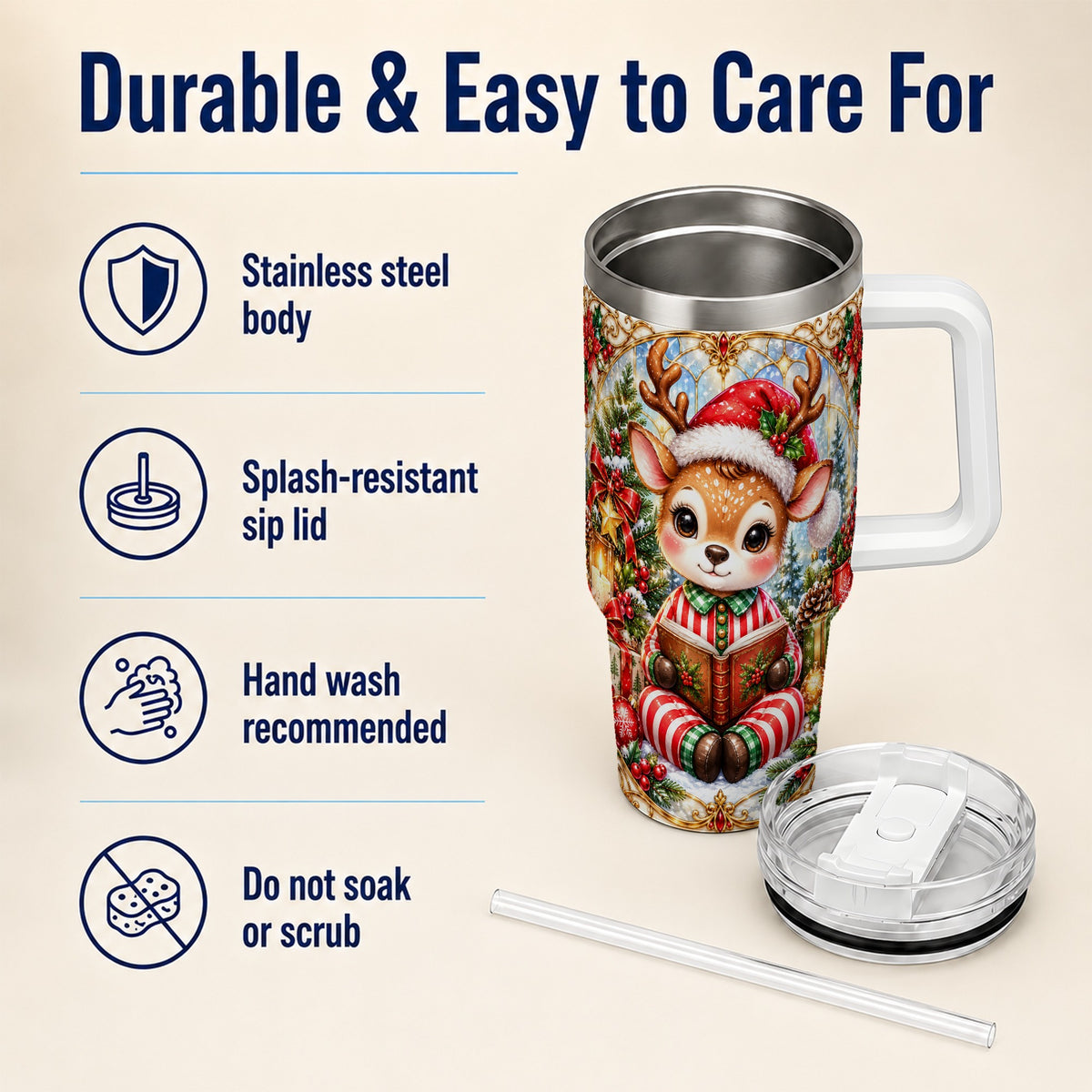 Ornate Reindeer 40oz Tumbler with Handle, Reading Travel Cup