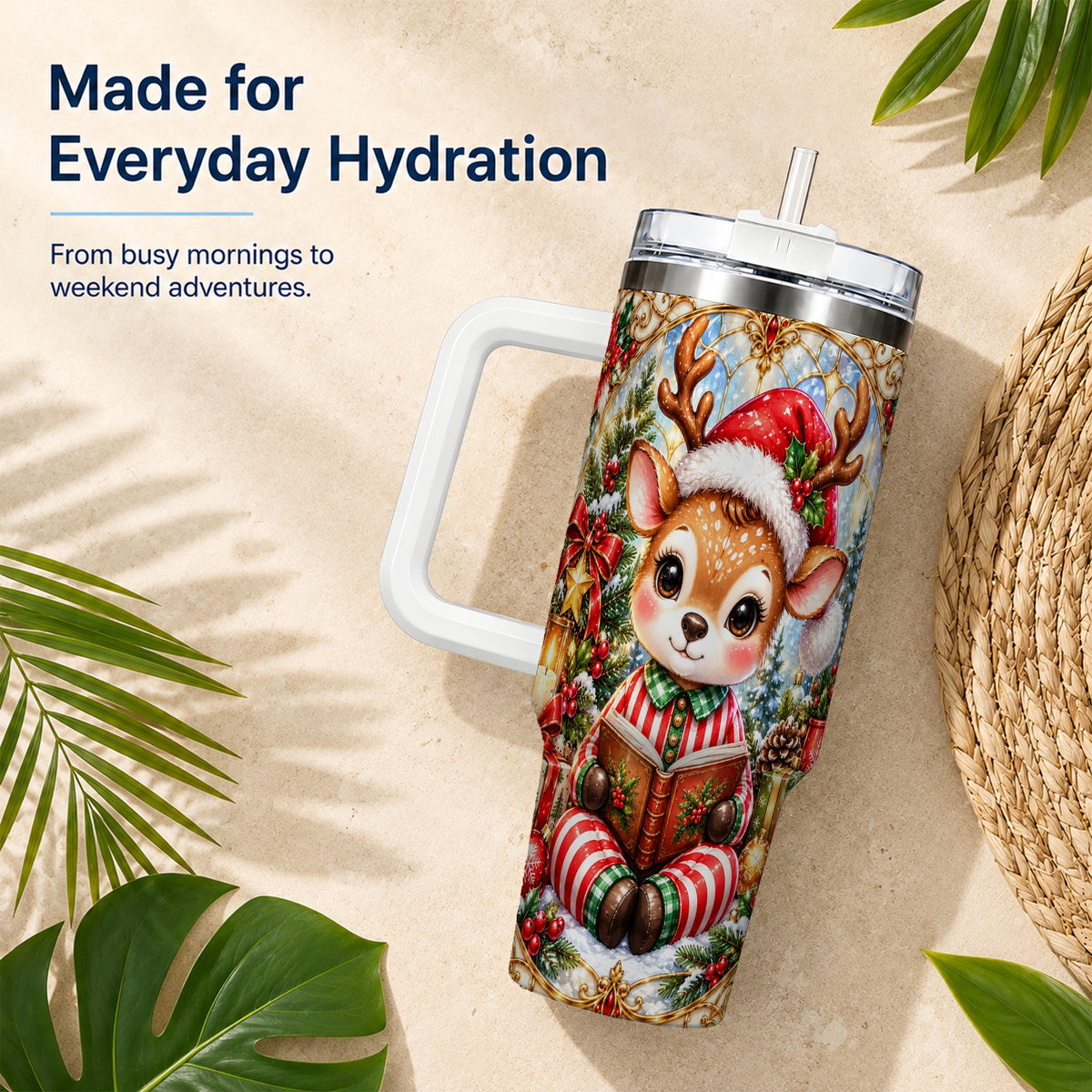 Ornate Reindeer 40oz Tumbler with Handle, Reading Travel Cup