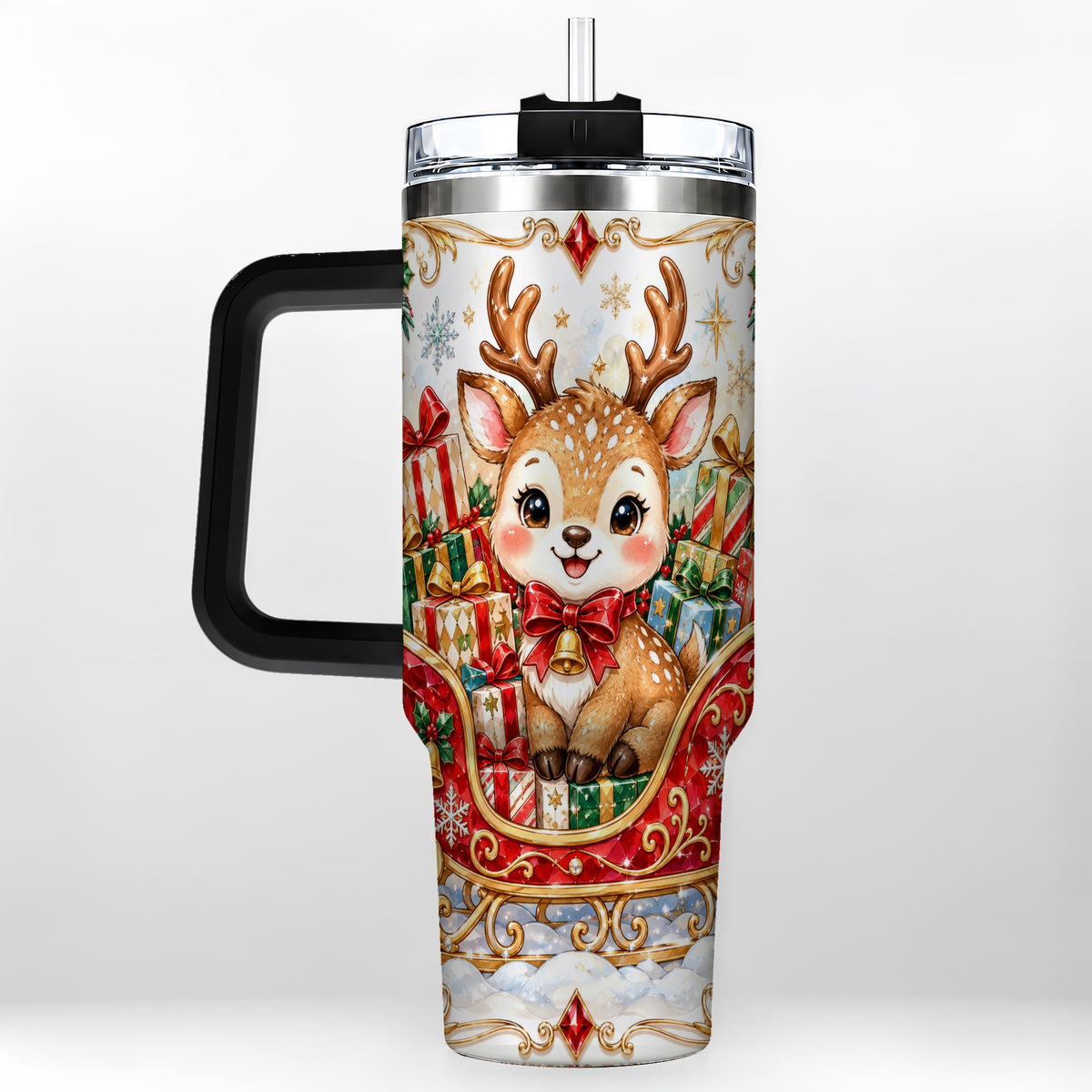 #pl[40oz|Black] Sleigh Reindeer 40oz Tumbler with Handle, Holiday Travel Cup