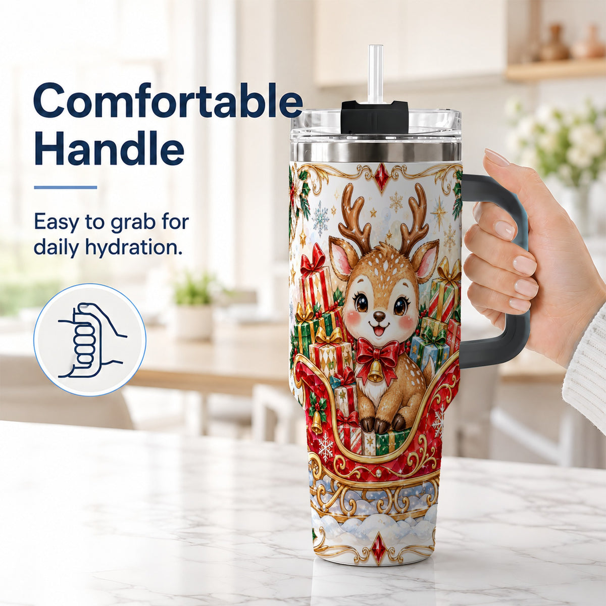 #pl[40oz|Black] Sleigh Reindeer 40oz Tumbler with Handle, Holiday Travel Cup