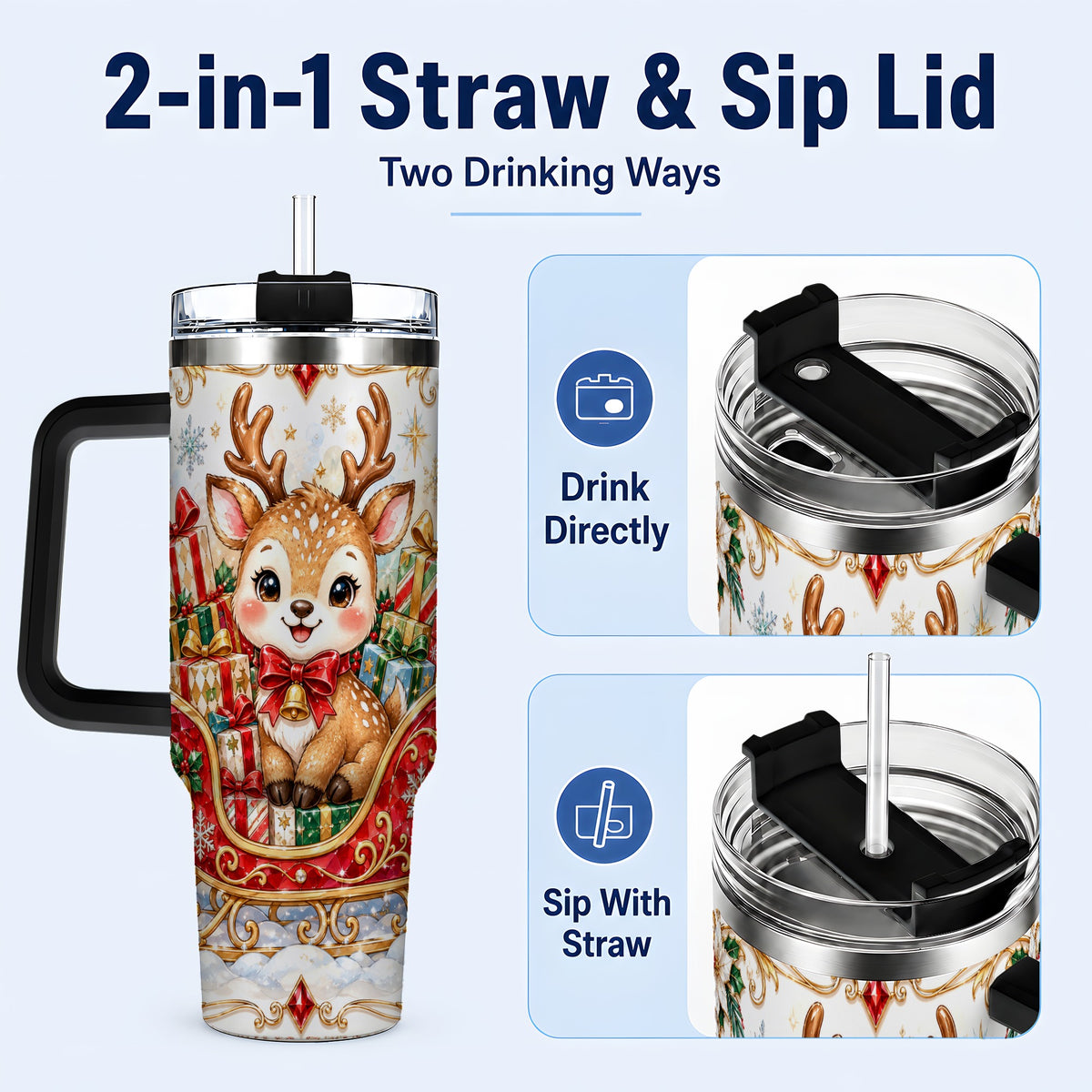 #pl[40oz|Black] Sleigh Reindeer 40oz Tumbler with Handle, Holiday Travel Cup