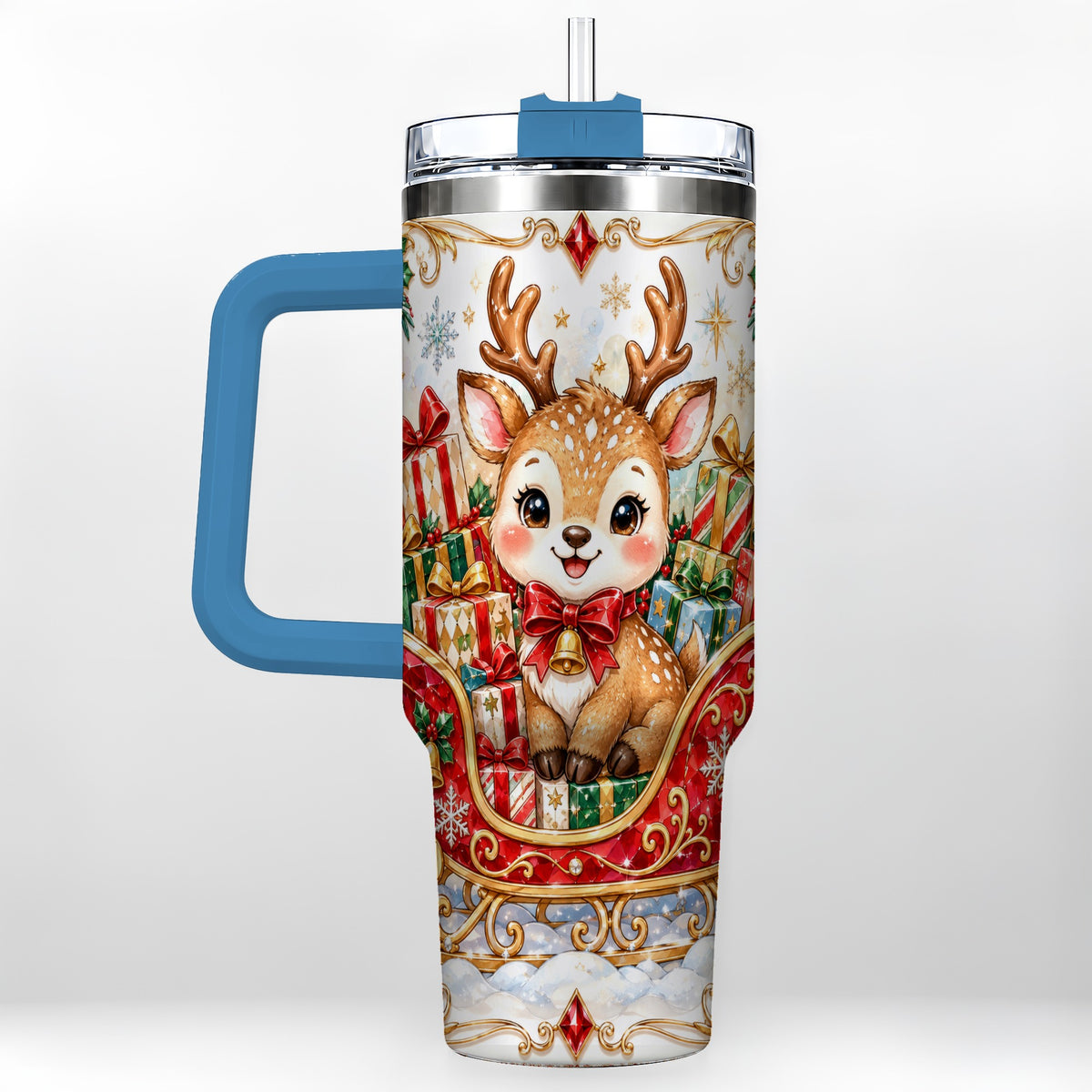 #pl[40oz|Blue] Sleigh Reindeer 40oz Tumbler with Handle, Holiday Travel Cup