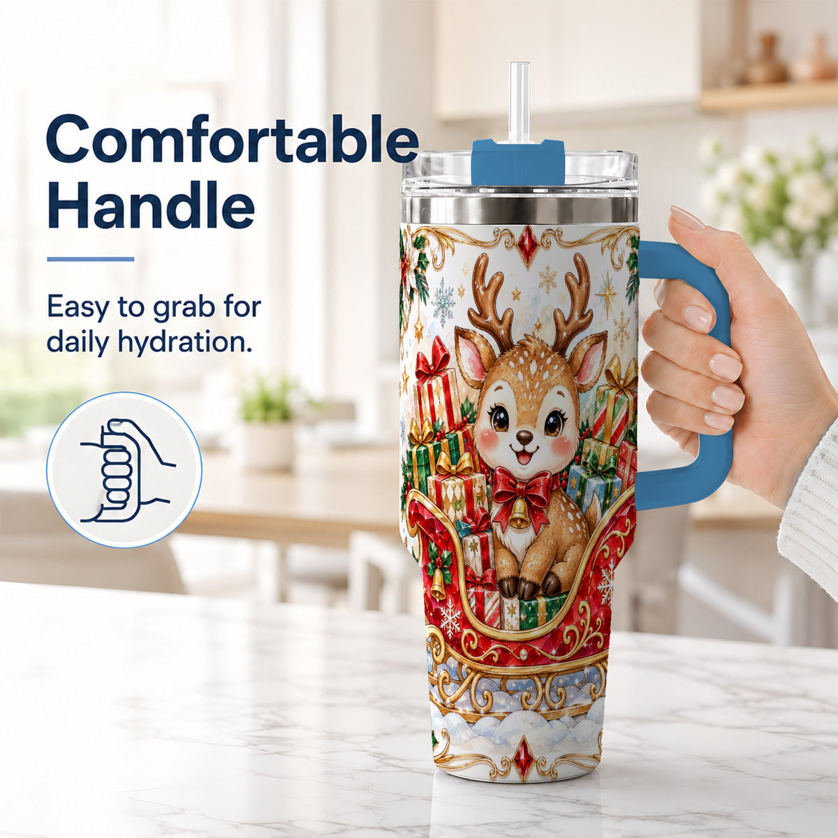 #pl[40oz|Blue] Sleigh Reindeer 40oz Tumbler with Handle, Holiday Travel Cup