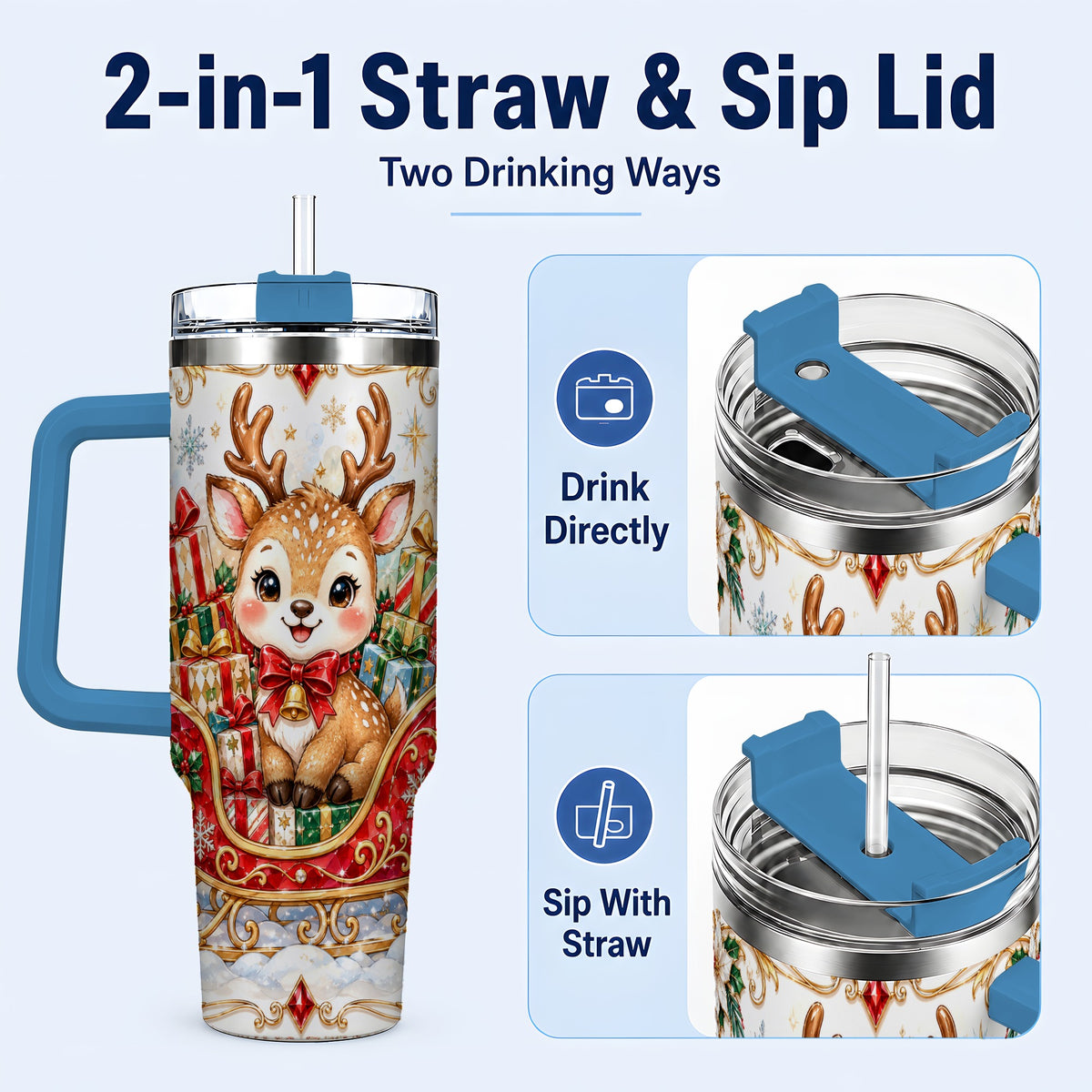 #pl[40oz|Blue] Sleigh Reindeer 40oz Tumbler with Handle, Holiday Travel Cup