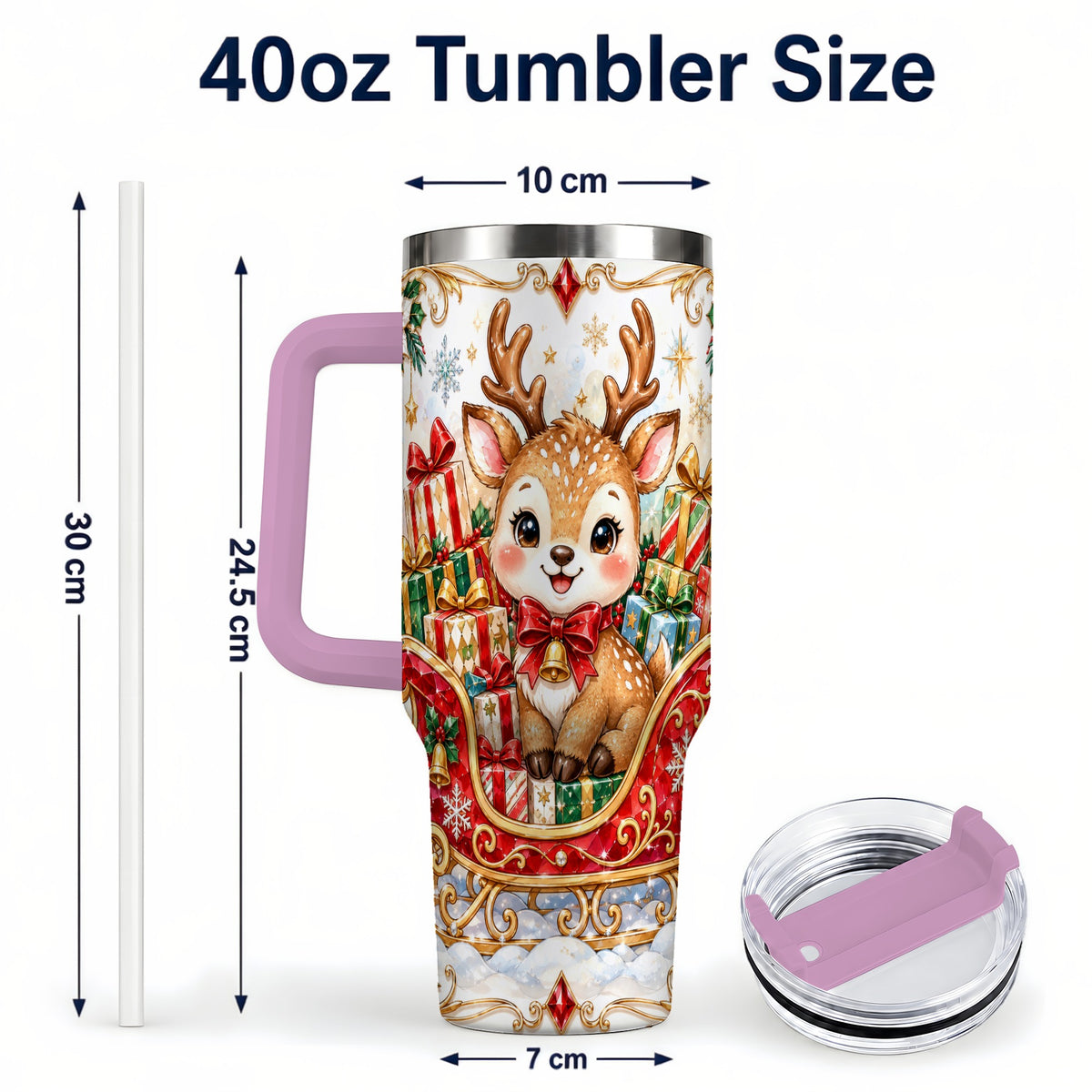 #pl[40oz|Pink] Sleigh Reindeer 40oz Tumbler with Handle, Holiday Travel Cup