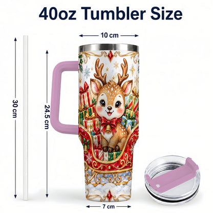 #pl[40oz|Pink] Sleigh Reindeer 40oz Tumbler with Handle, Holiday Travel Cup