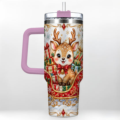 #pl[40oz|Pink] Sleigh Reindeer 40oz Tumbler with Handle, Holiday Travel Cup