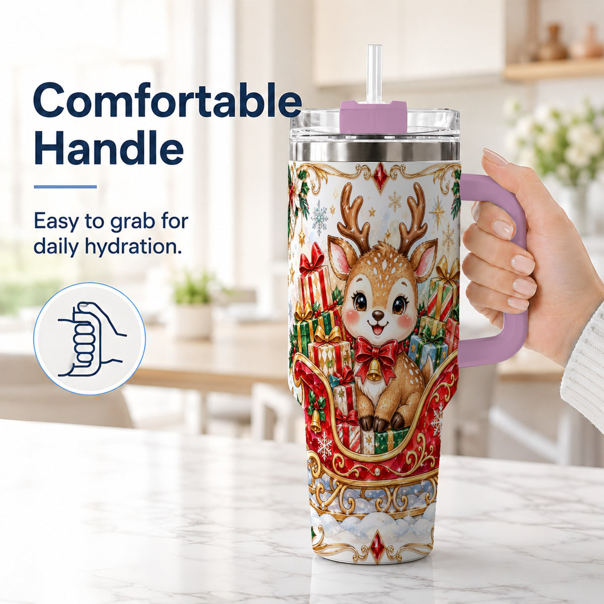 #pl[40oz|Pink] Sleigh Reindeer 40oz Tumbler with Handle, Holiday Travel Cup