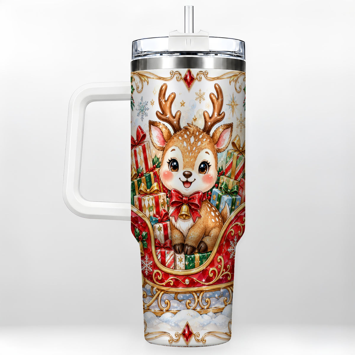 Sleigh Reindeer 40oz Tumbler with Handle, Holiday Travel Cup
