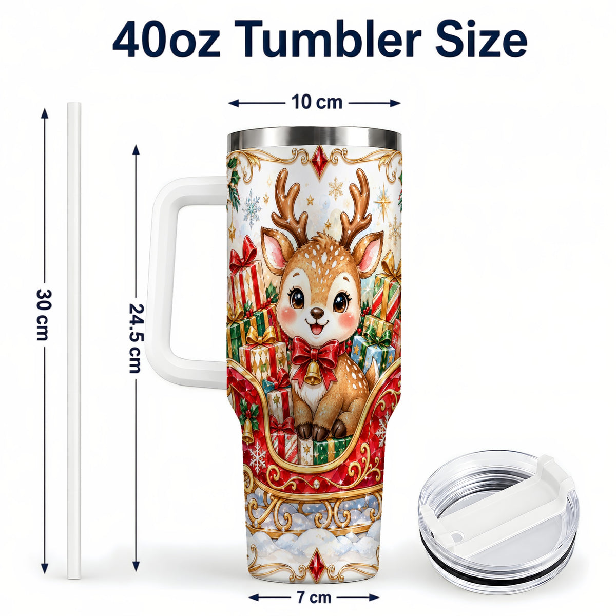 #pl[40oz|White] Sleigh Reindeer 40oz Tumbler with Handle, Holiday Travel Cup