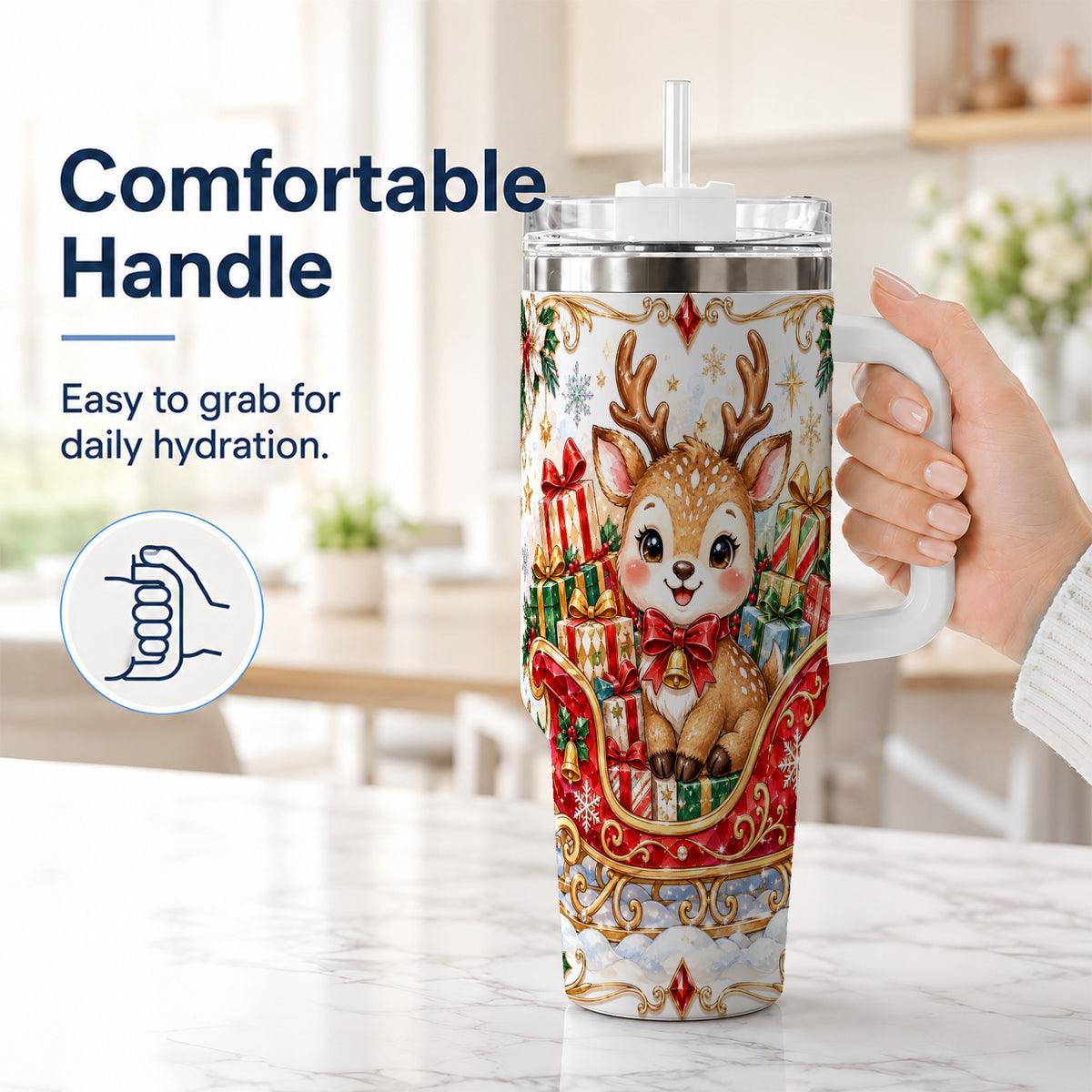 #pl[40oz|White] Sleigh Reindeer 40oz Tumbler with Handle, Holiday Travel Cup