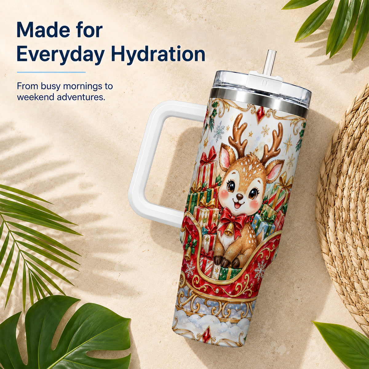 Sleigh Reindeer 40oz Tumbler with Handle, Holiday Travel Cup