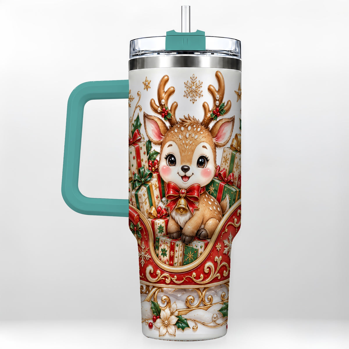 #pl[40oz|Green] Christmas Reindeer 40oz Tumbler with Handle, Holiday Deer Travel Cup