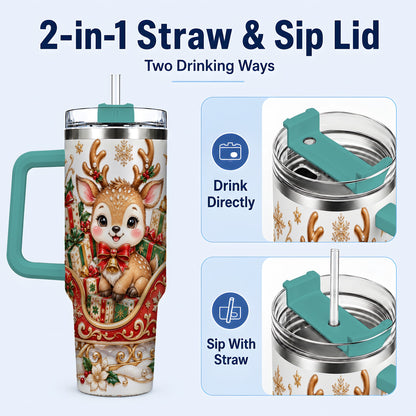 #pl[40oz|Green] Christmas Reindeer 40oz Tumbler with Handle, Holiday Deer Travel Cup