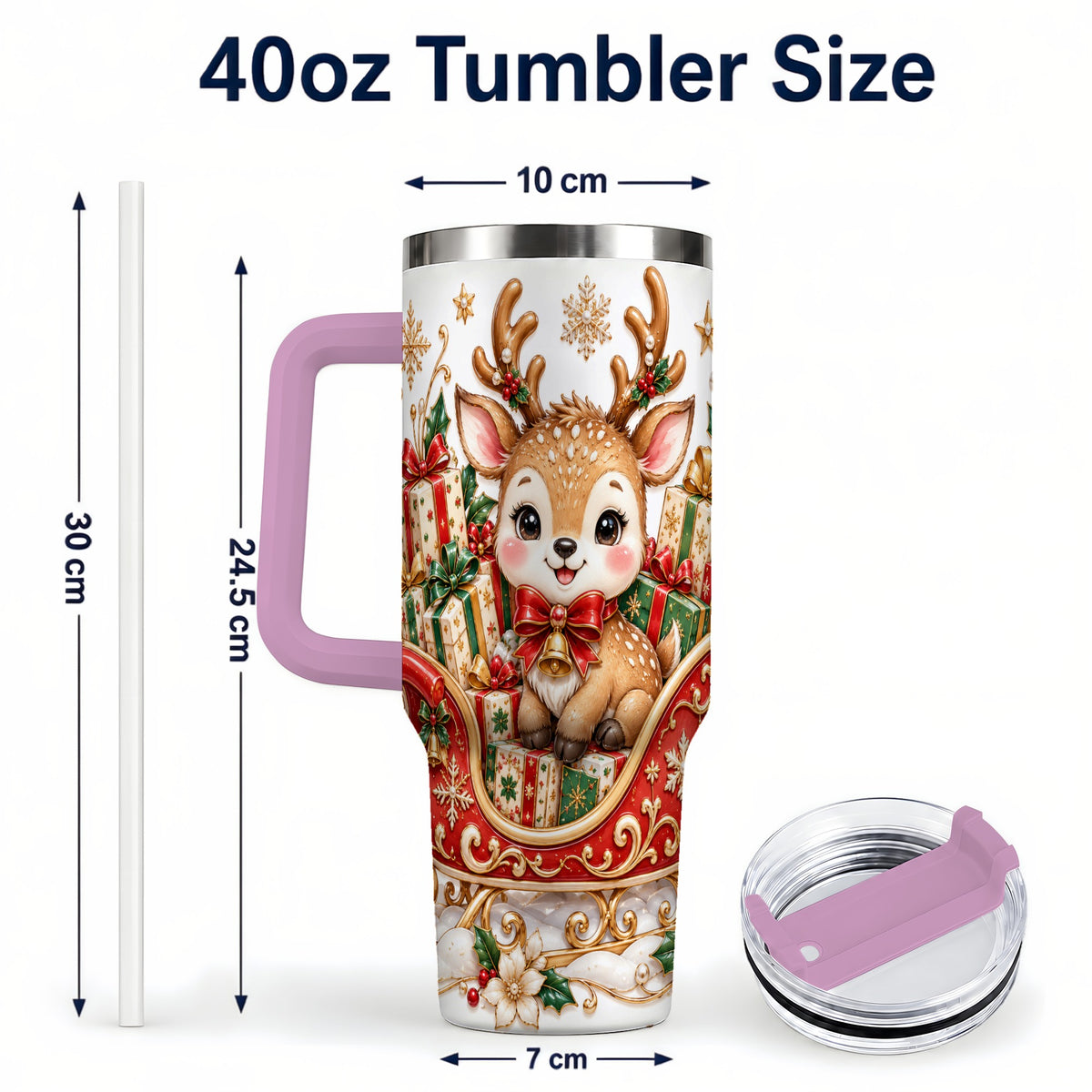 #pl[40oz|Pink] Christmas Reindeer 40oz Tumbler with Handle, Holiday Deer Travel Cup