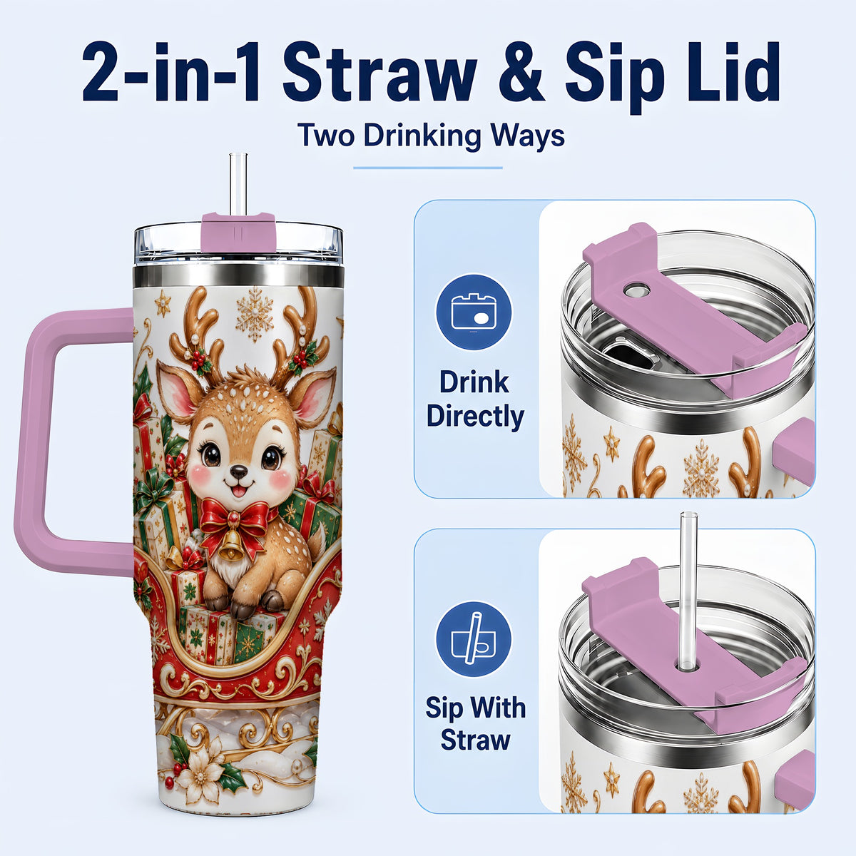 #pl[40oz|Pink] Christmas Reindeer 40oz Tumbler with Handle, Holiday Deer Travel Cup