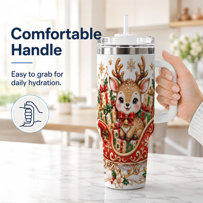 #pl[40oz|White] Christmas Reindeer 40oz Tumbler with Handle, Holiday Deer Travel Cup