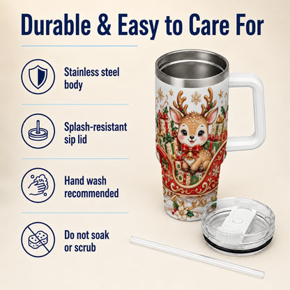 Christmas Reindeer 40oz Tumbler with Handle, Holiday Deer Travel Cup
