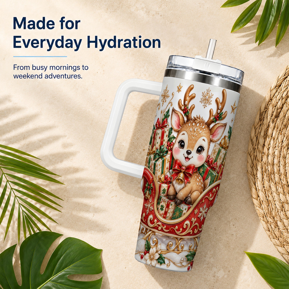 Christmas Reindeer 40oz Tumbler with Handle, Holiday Deer Travel Cup