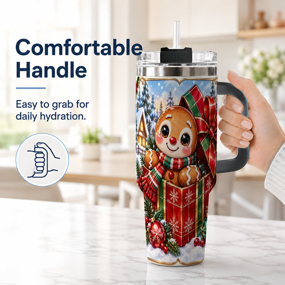 #pl[40oz|Black] Christmas Gingerbread 40oz Tumbler with Handle, Cookie Travel Cup
