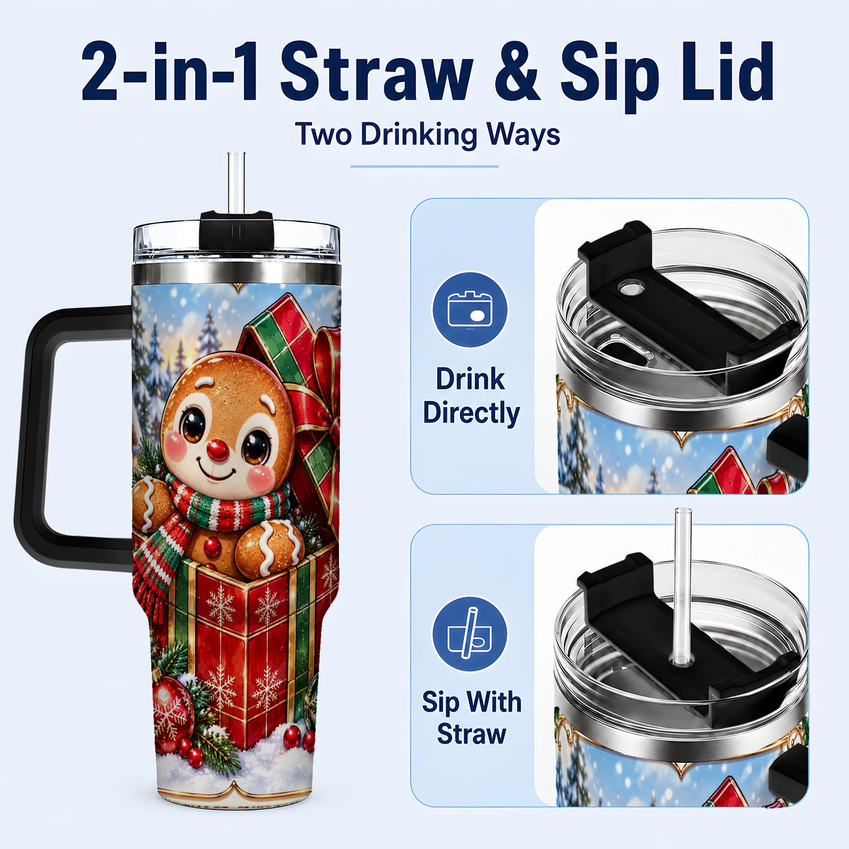 #pl[40oz|Black] Christmas Gingerbread 40oz Tumbler with Handle, Cookie Travel Cup