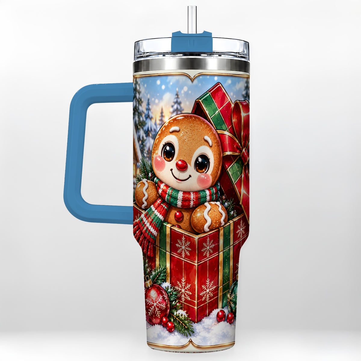 #pl[40oz|Blue] Christmas Gingerbread 40oz Tumbler with Handle, Cookie Travel Cup