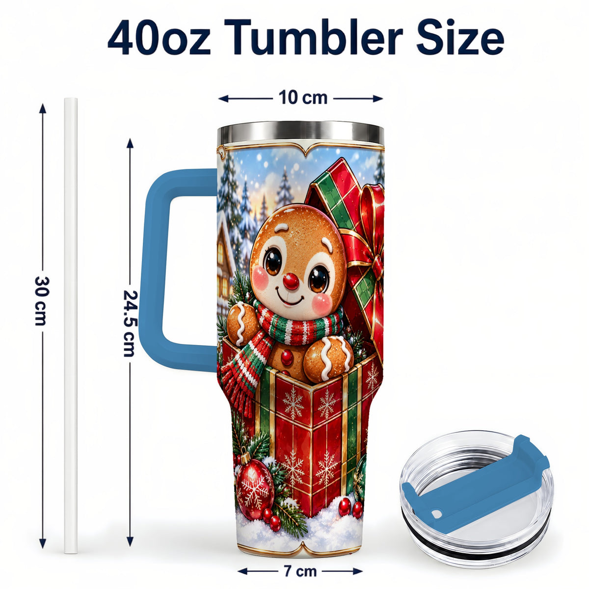 #pl[40oz|Blue] Christmas Gingerbread 40oz Tumbler with Handle, Cookie Travel Cup