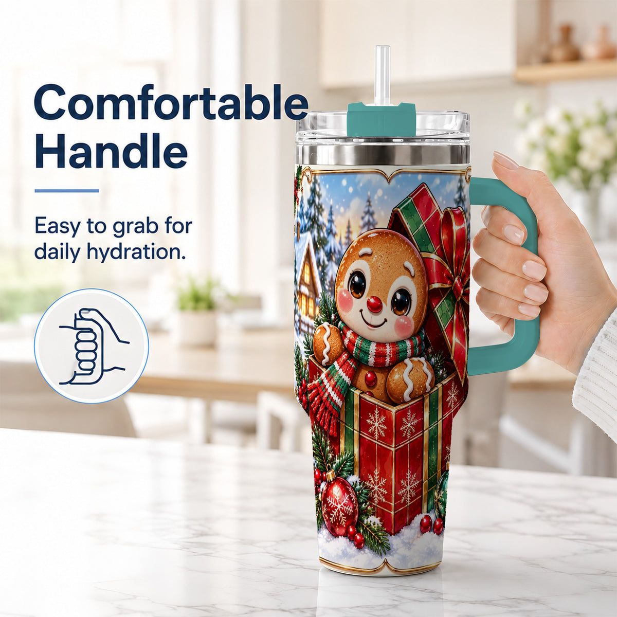#pl[40oz|Green] Christmas Gingerbread 40oz Tumbler with Handle, Cookie Travel Cup