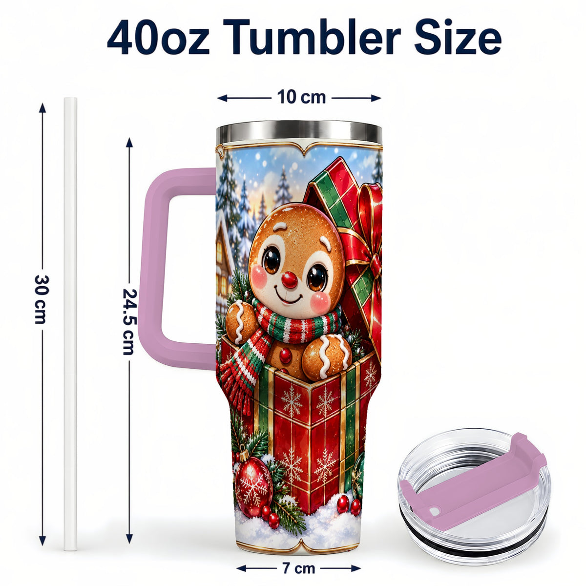 #pl[40oz|Pink] Christmas Gingerbread 40oz Tumbler with Handle, Cookie Travel Cup