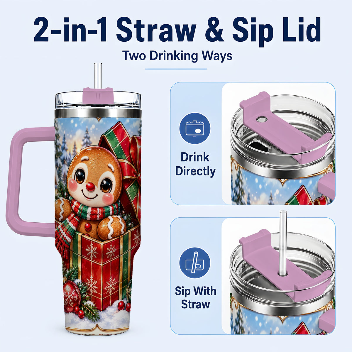 #pl[40oz|Pink] Christmas Gingerbread 40oz Tumbler with Handle, Cookie Travel Cup