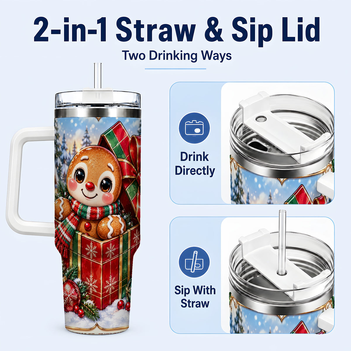 #pl[40oz|White] Christmas Gingerbread 40oz Tumbler with Handle, Cookie Travel Cup