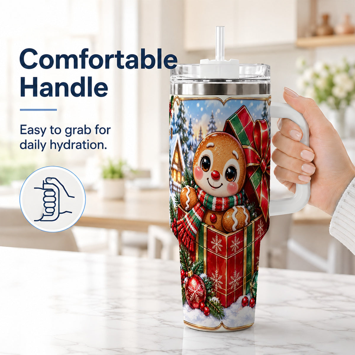 #pl[40oz|White] Christmas Gingerbread 40oz Tumbler with Handle, Cookie Travel Cup