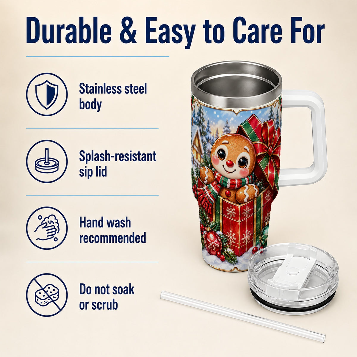 Christmas Gingerbread 40oz Tumbler with Handle, Cookie Travel Cup