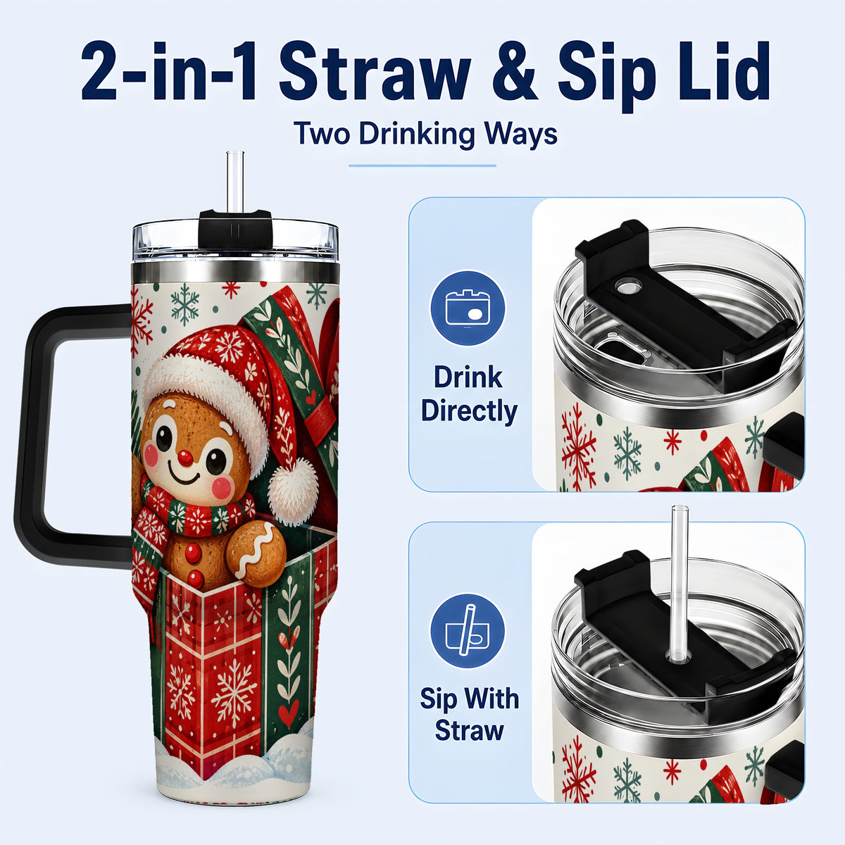 #pl[40oz|Black] Christmas Gingerbread 40oz Tumbler with Handle, Folk Cookie Travel Cup