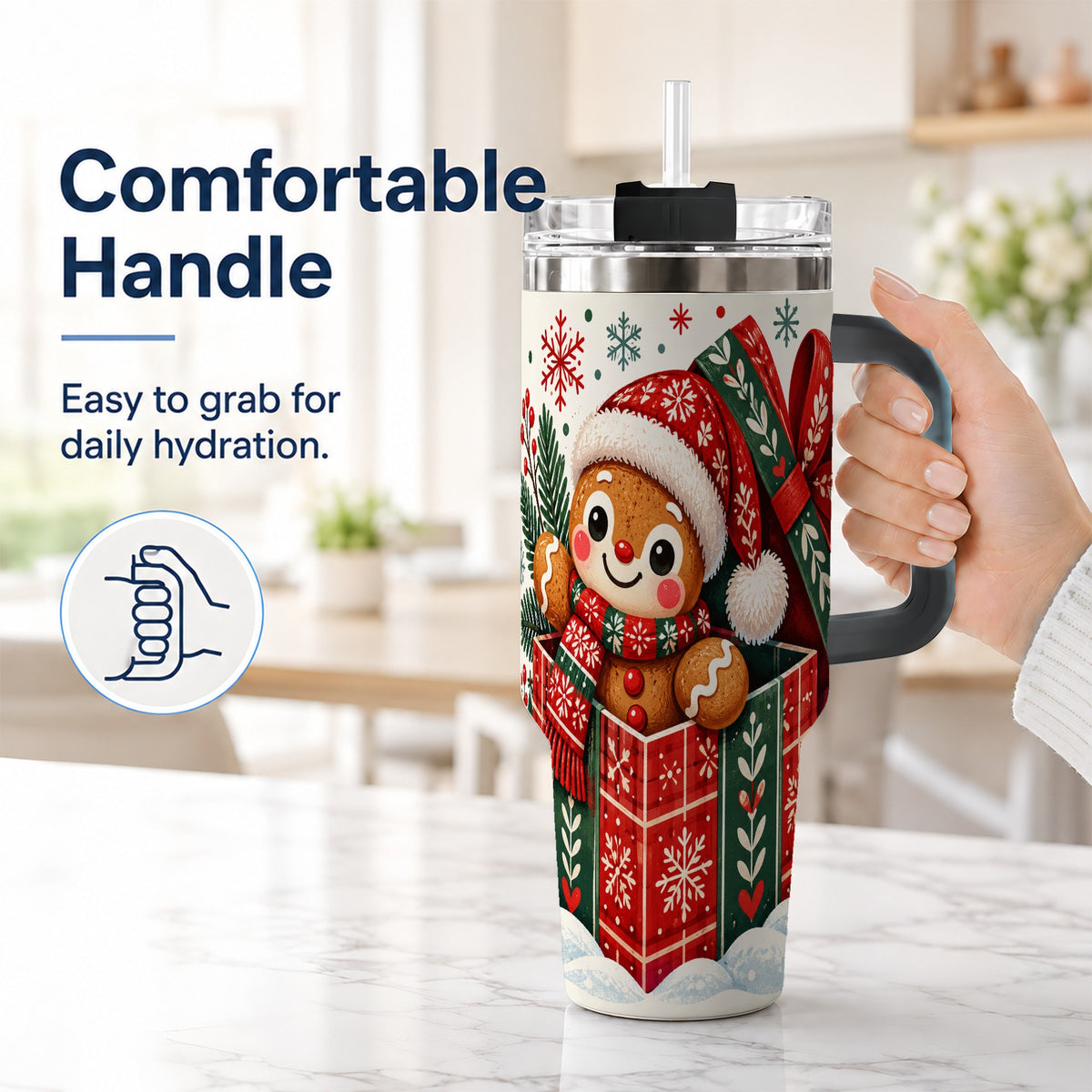#pl[40oz|Black] Christmas Gingerbread 40oz Tumbler with Handle, Folk Cookie Travel Cup
