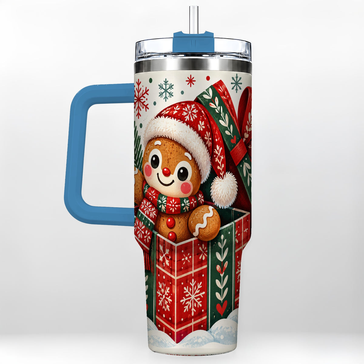 #pl[40oz|Blue] Christmas Gingerbread 40oz Tumbler with Handle, Folk Cookie Travel Cup