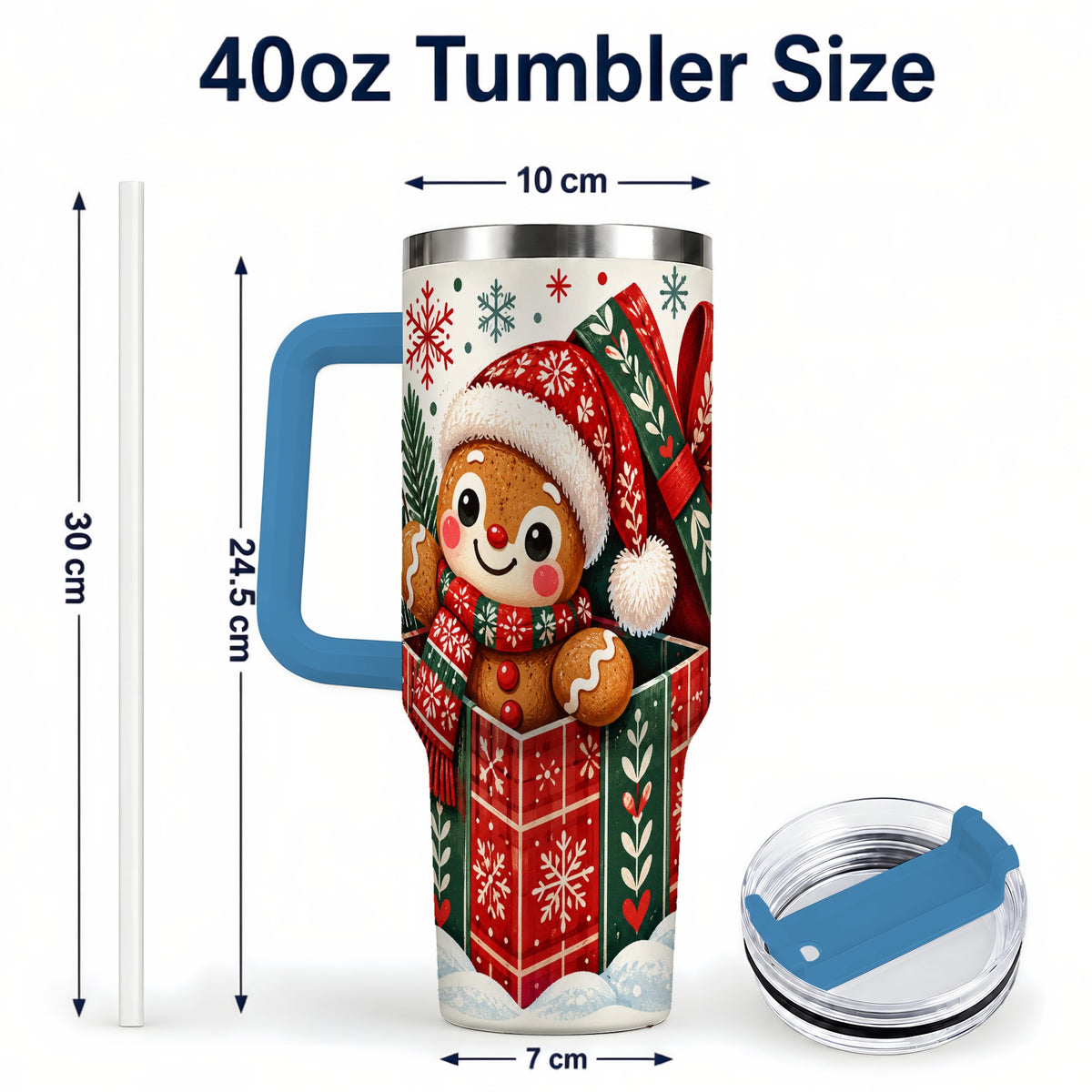 #pl[40oz|Blue] Christmas Gingerbread 40oz Tumbler with Handle, Folk Cookie Travel Cup