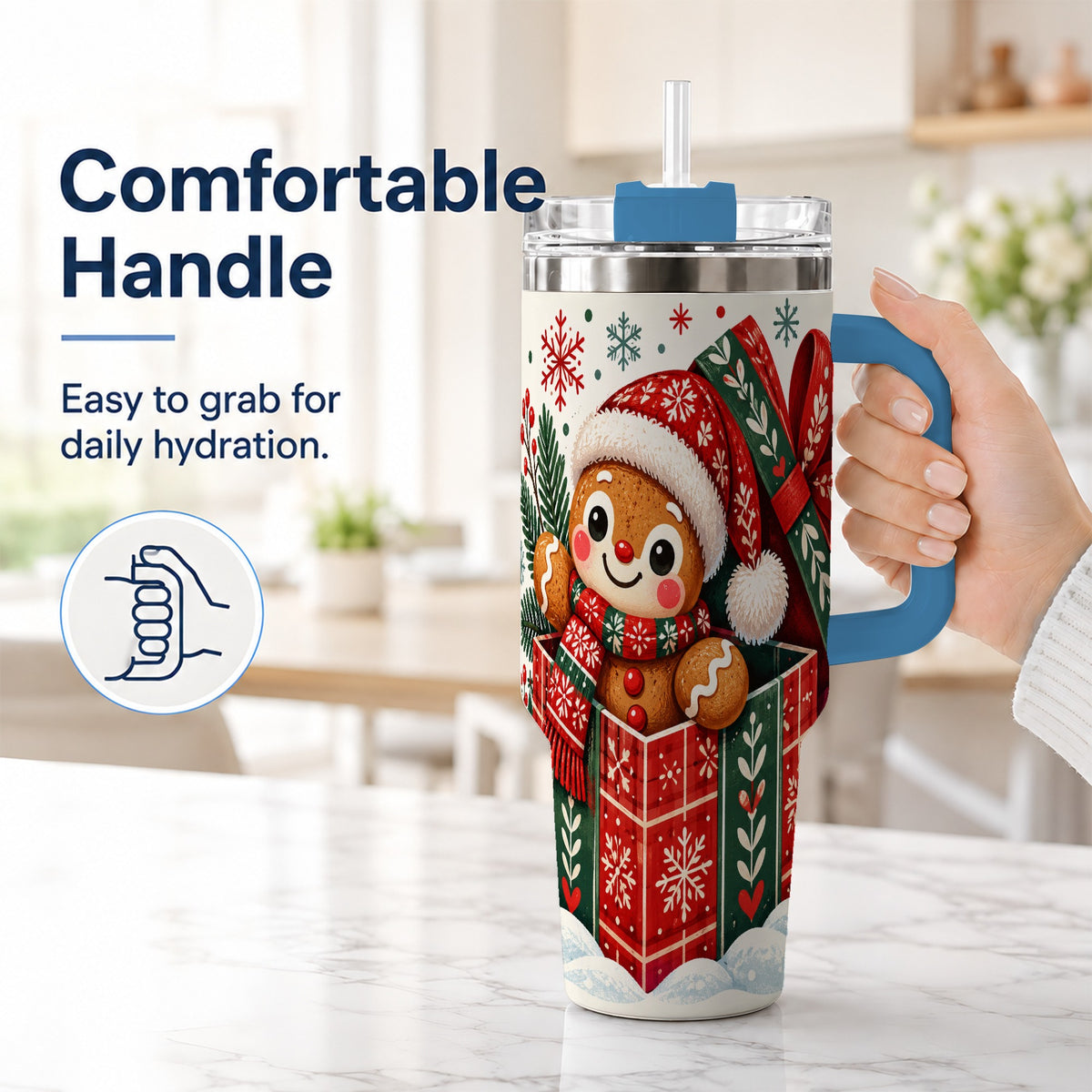 #pl[40oz|Blue] Christmas Gingerbread 40oz Tumbler with Handle, Folk Cookie Travel Cup