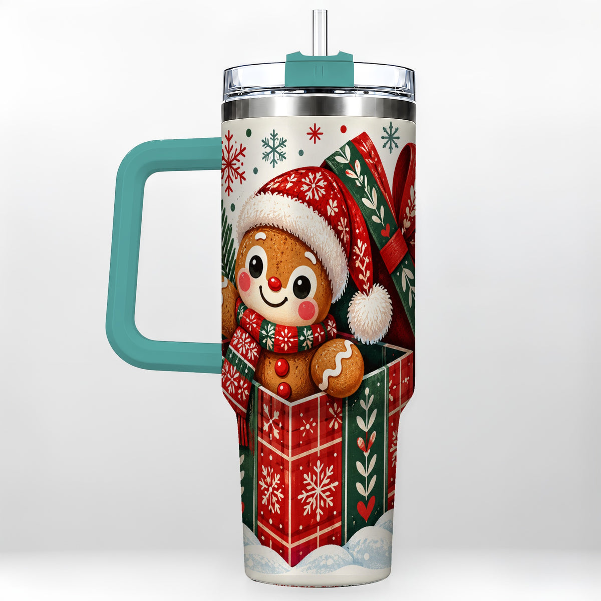 #pl[40oz|Green] Christmas Gingerbread 40oz Tumbler with Handle, Folk Cookie Travel Cup