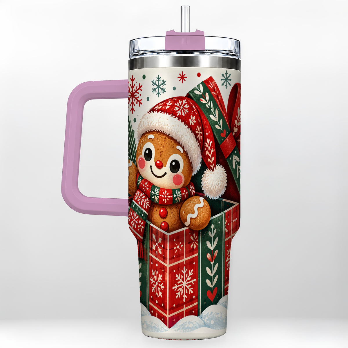 #pl[40oz|Pink] Christmas Gingerbread 40oz Tumbler with Handle, Folk Cookie Travel Cup
