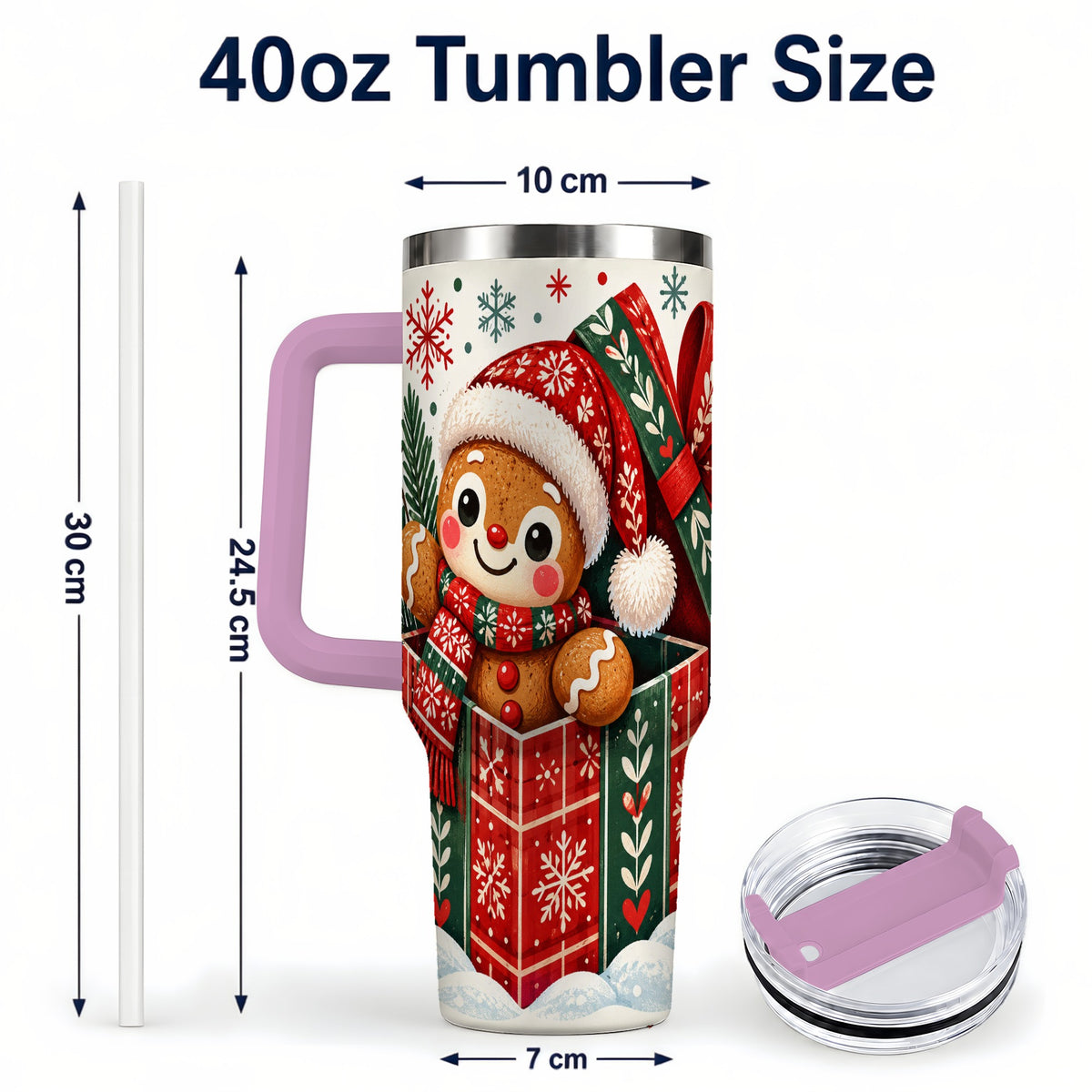 #pl[40oz|Pink] Christmas Gingerbread 40oz Tumbler with Handle, Folk Cookie Travel Cup