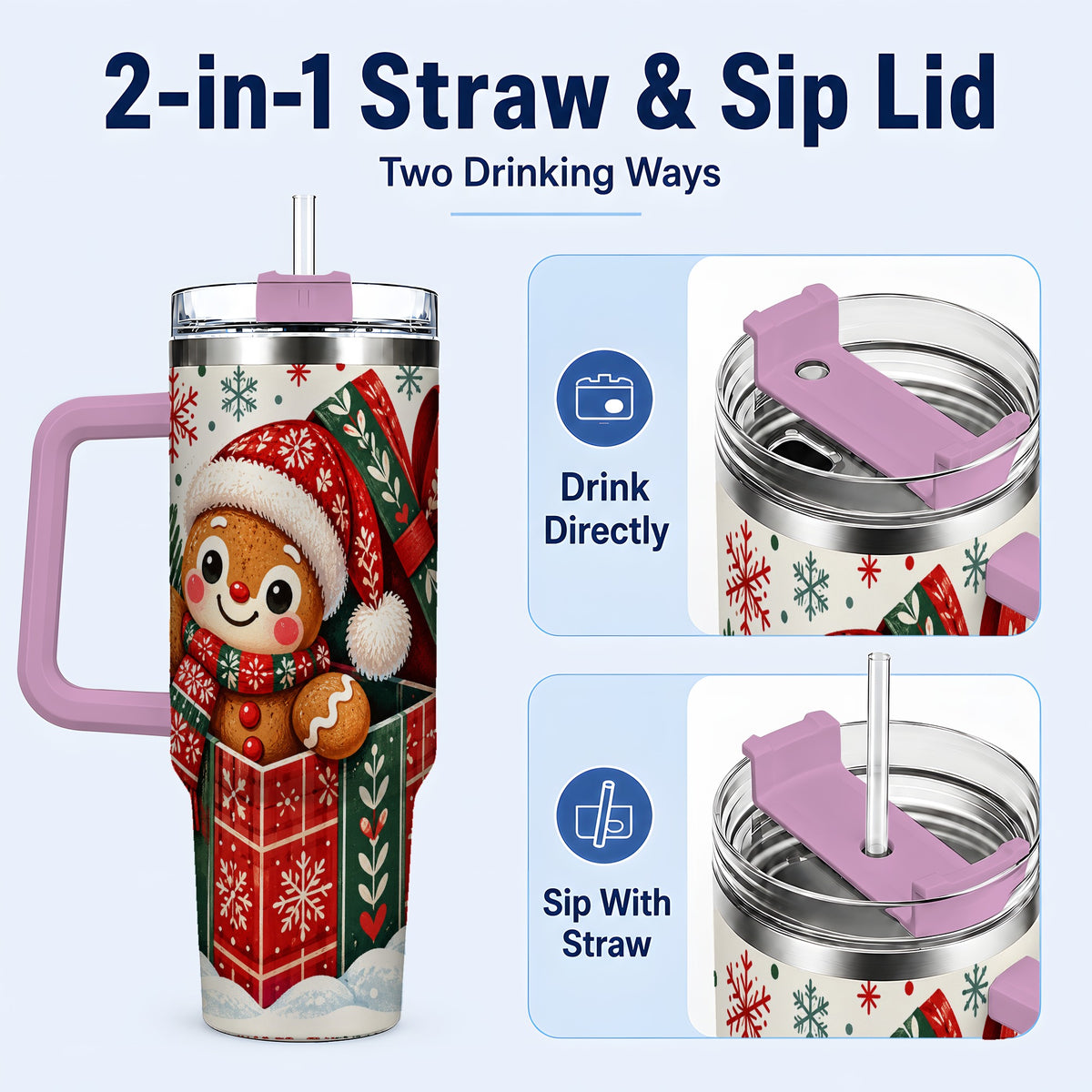 #pl[40oz|Pink] Christmas Gingerbread 40oz Tumbler with Handle, Folk Cookie Travel Cup