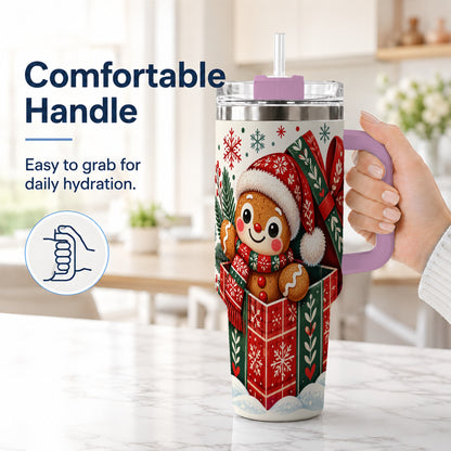 #pl[40oz|Pink] Christmas Gingerbread 40oz Tumbler with Handle, Folk Cookie Travel Cup