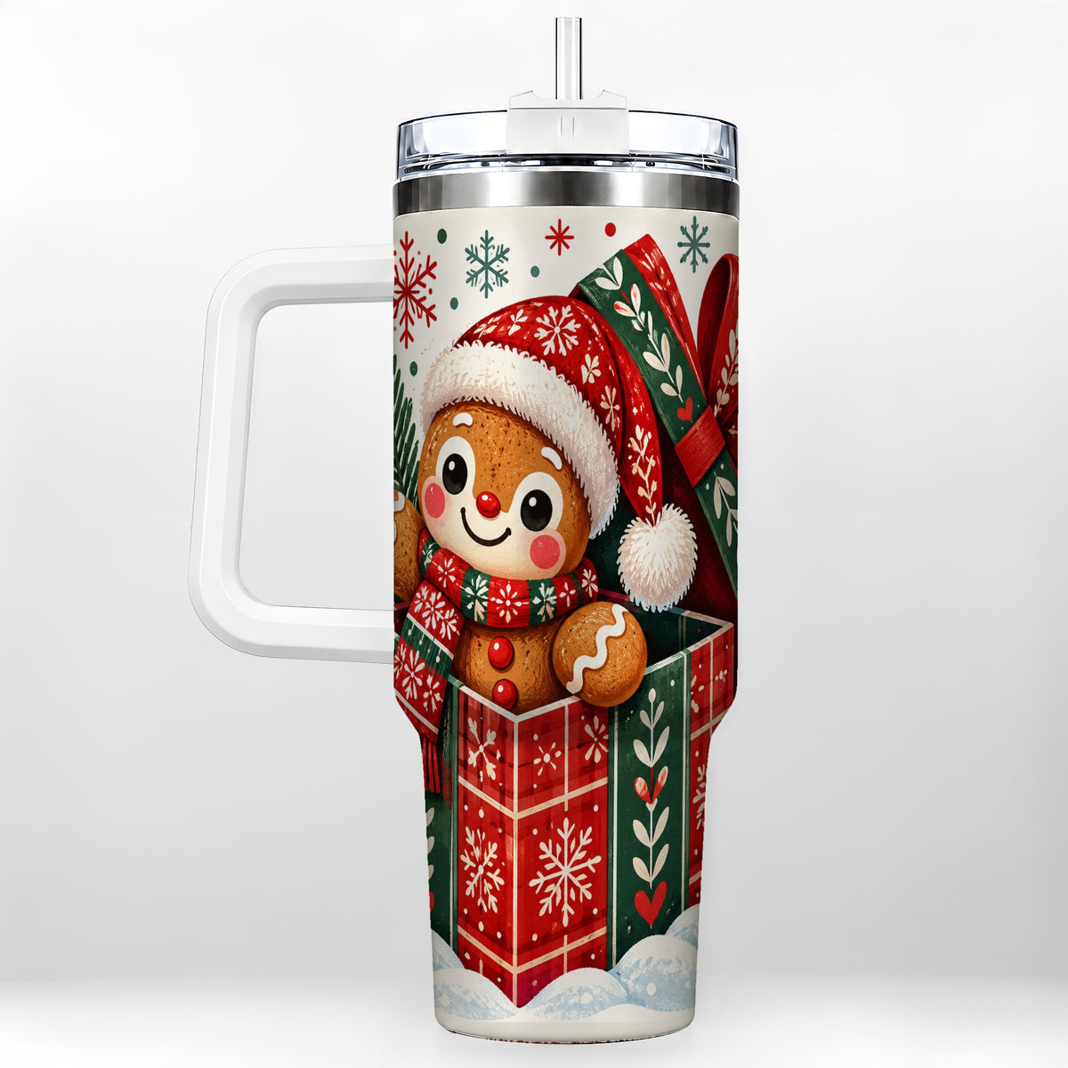 Christmas Gingerbread 40oz Tumbler with Handle, Folk Cookie Travel Cup