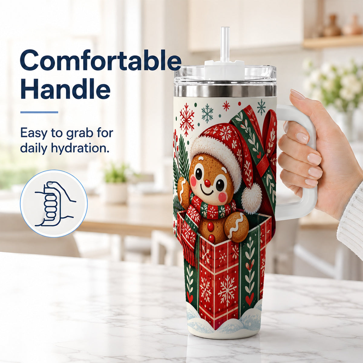 #pl[40oz|White] Christmas Gingerbread 40oz Tumbler with Handle, Folk Cookie Travel Cup