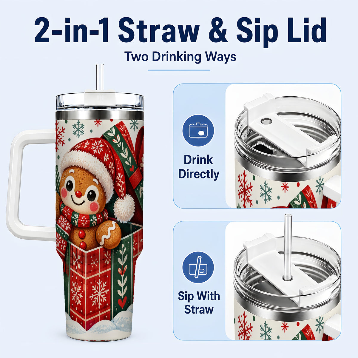 #pl[40oz|White] Christmas Gingerbread 40oz Tumbler with Handle, Folk Cookie Travel Cup