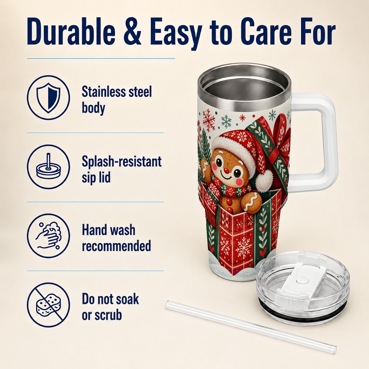 Christmas Gingerbread 40oz Tumbler with Handle, Folk Cookie Travel Cup